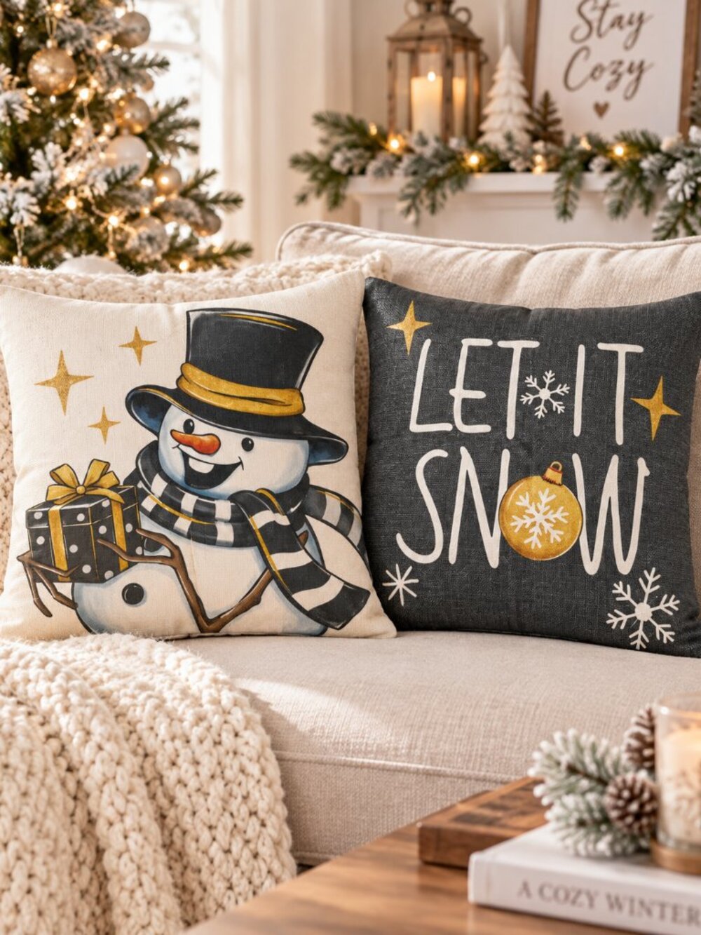 Set of 2 Christmas Snowman Let It Snow Pillow Covers 16x16 Jute